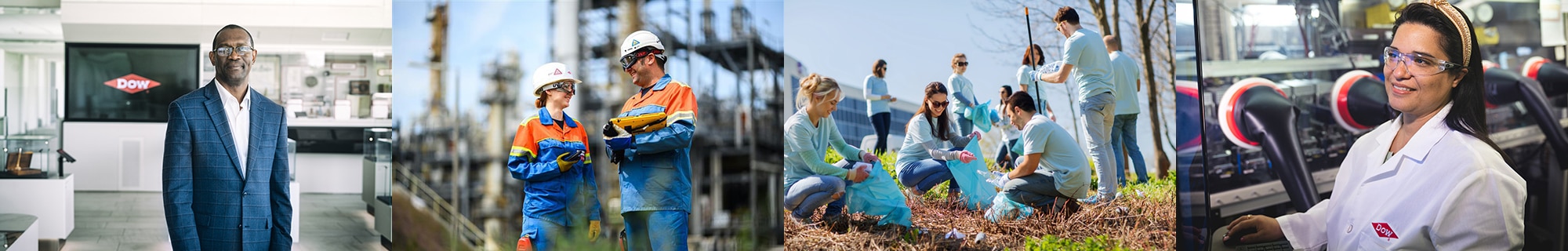 collage of a man in a suit jacket in a corporate setting two plant workers wearing PPE two colleagues volunteering at food drive and a female scientist in a lab