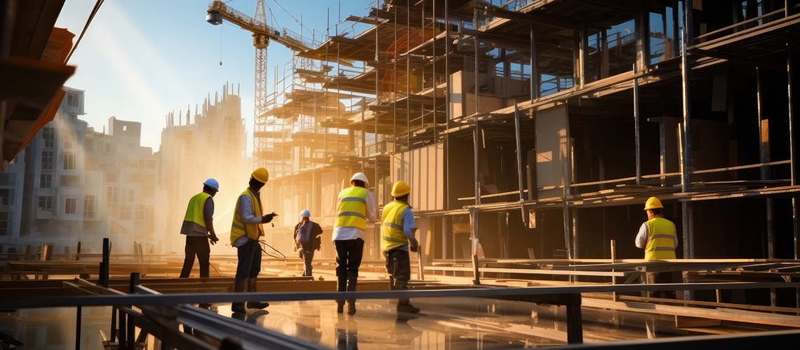 Construction workers at a building site where caulks, sealants and fiber-bonding materials support building performance