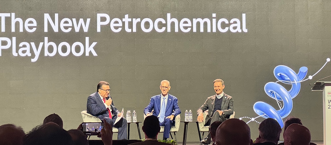 Jim Fitterling speaking on a panel at World Petrochemical Conference