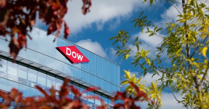 The Dow Diamond logo on an office building as seen through leaves