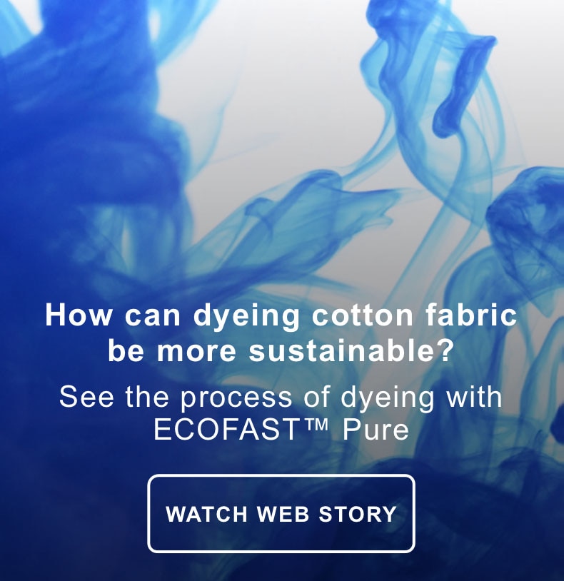 Graphic of blue dye background promoting ECOFAST Pure webstory