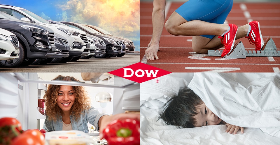 collage of images showing a woman reaching into a refrigerator, a runner in starting blocks on a track, a line of cars and a child laying in a bed