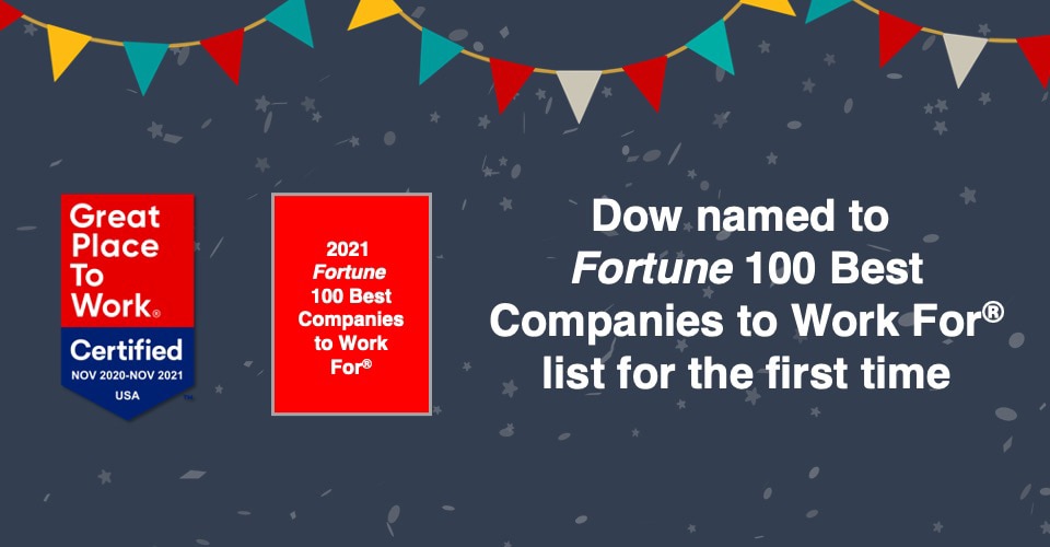 Graphic announcing Dow a Great Place to Work and Fortune 100 Best Companies to Work For
