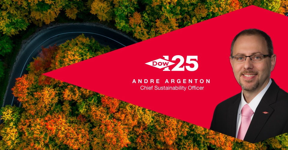 Graphic showing Andre Argenton and an aerial view fall foliage