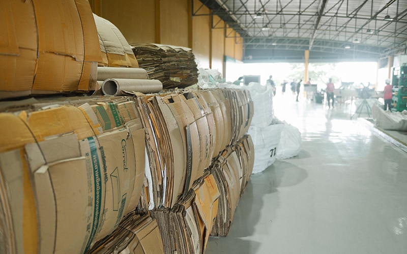 cardboard and paper bundled for recycling