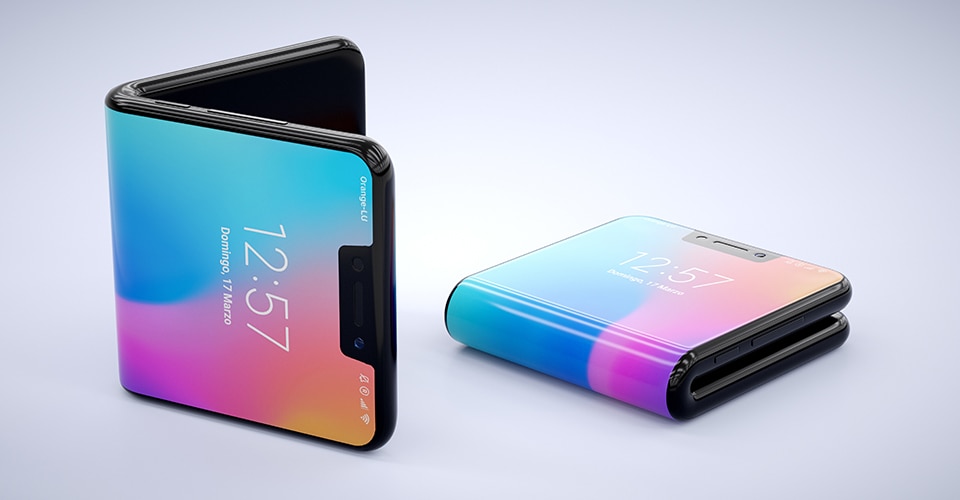 A foldable smartphone, folded in two different positions.