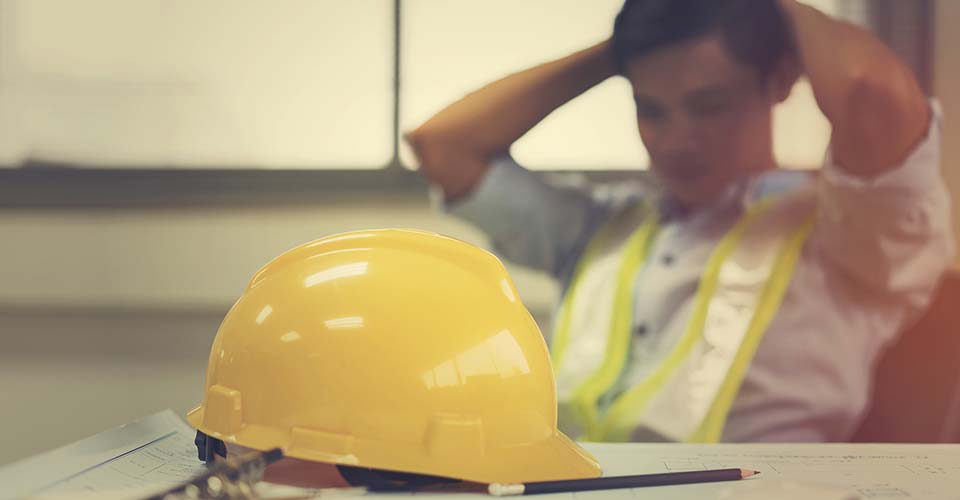 A stressed man sits at a desk with his hard hat on the desk