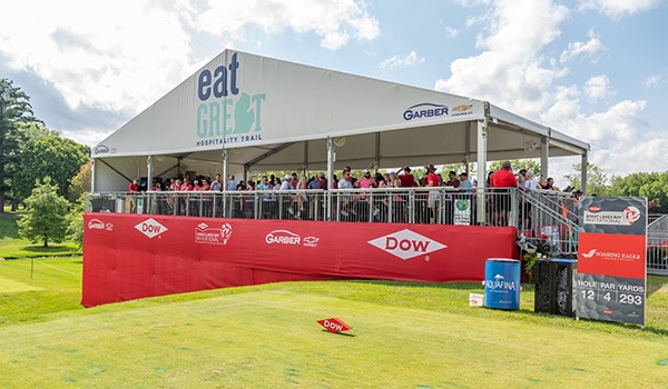 The red mesh fencing throughout the Dow Great Lakes Bay Invitational is recycled and repurposed into golf tools after the tournament.