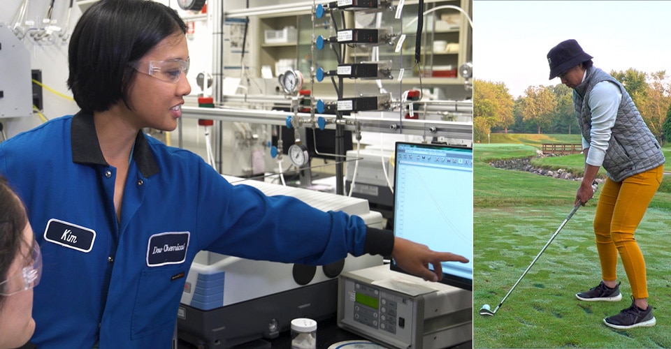 Kim Dinh in the lab, and Kim on the golf course