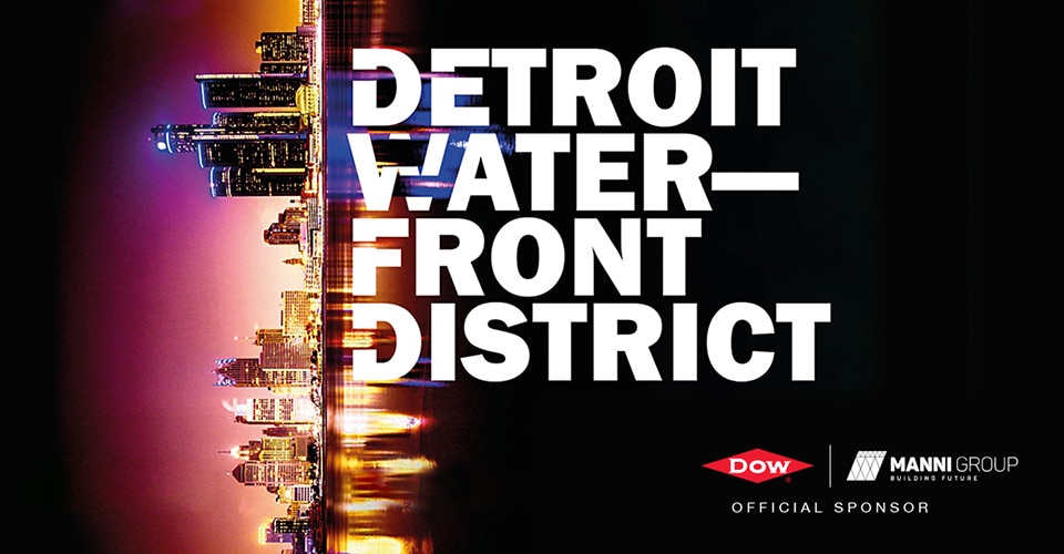 Manni Group and Detroit Water-Front District graphic with Detroit skyline at night