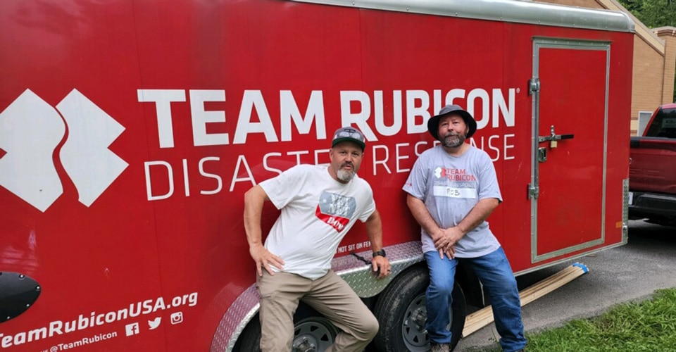 Tom McAvoy and Rob Whitcombe, Dow Greyshirt volunteers at the Forward Operating Base during the Kentucky Flooding Operations in August 2022.