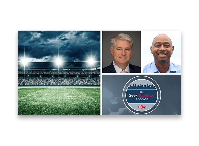 Graphic featuring a sports field, Bob Plishka, Roger McLendon and a Seek Together Podcast logo