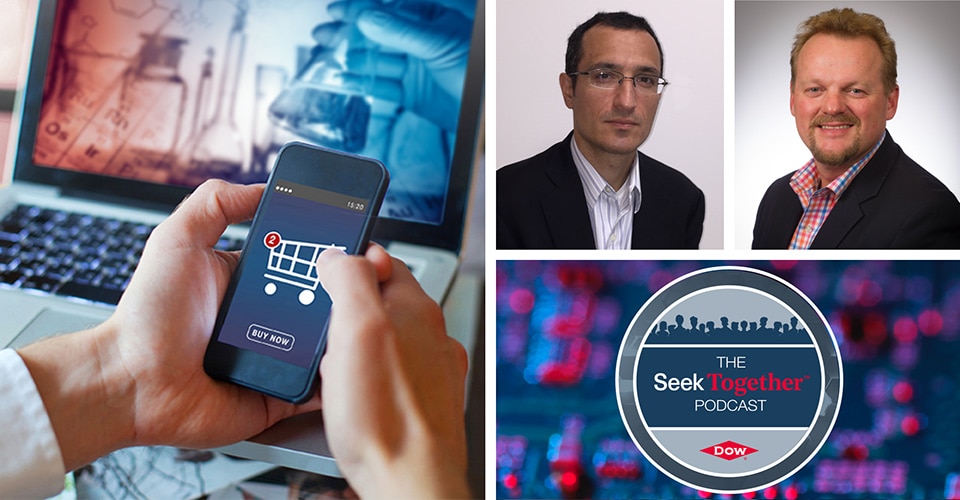 Person on cell phone shopping on-line, Mehdi Miremadi, Dan Futter and the Seek Together podcast logo