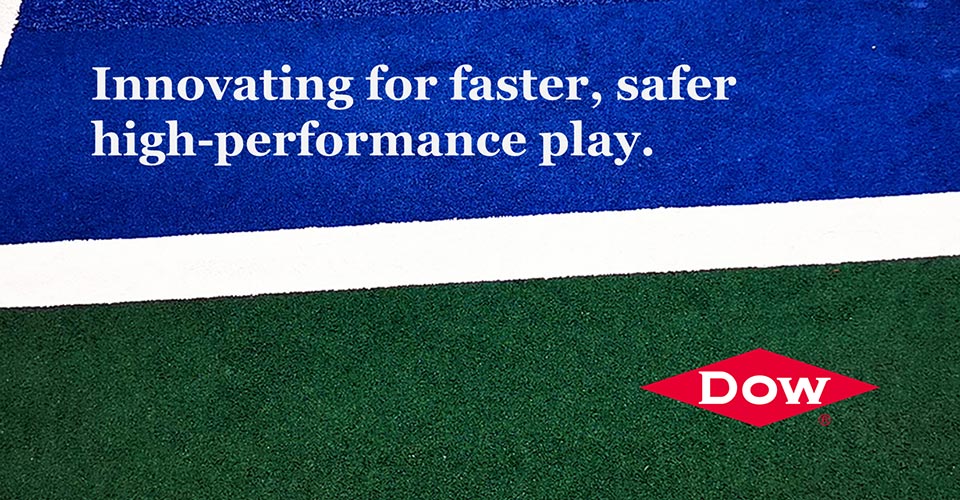 Graphic with tennis court background and text saying Innovating for faster safer high-performance play
