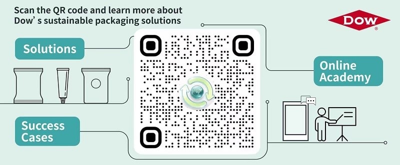 Graphic offering QR code to learn about Dow sustainable packaging solutions