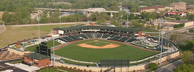 Arial photograph of Dow Diamond circa 2021, prior to the stadium lighting upgrades.