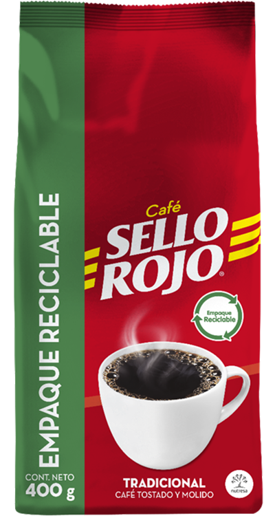 This Café Sello Rojo coffee packaging uses less plastic and is designed to be recycled