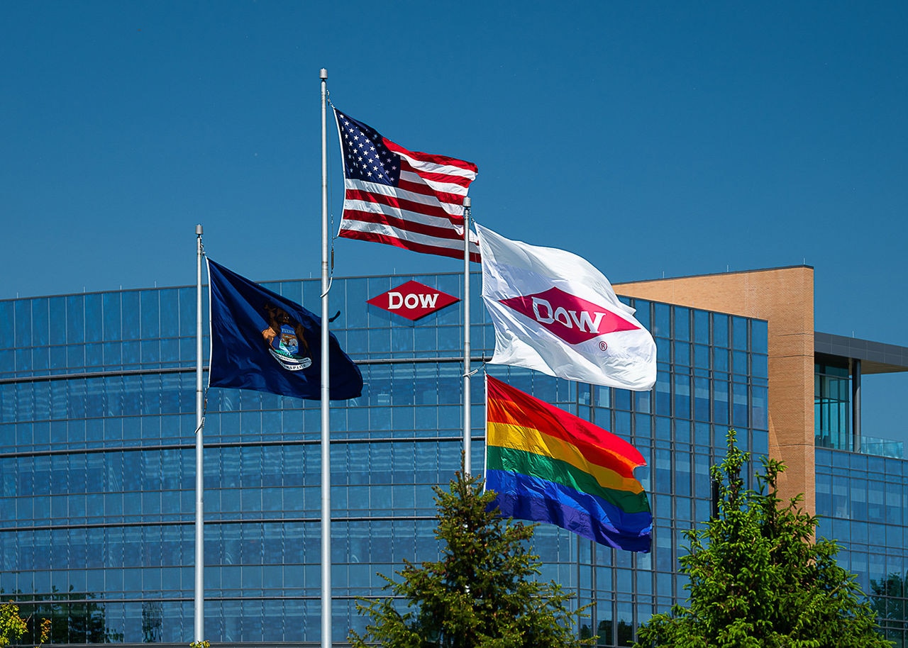 Dow headquarters and flags