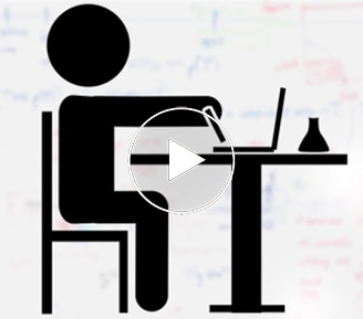 stick figure sitting at desk on lap top in lab