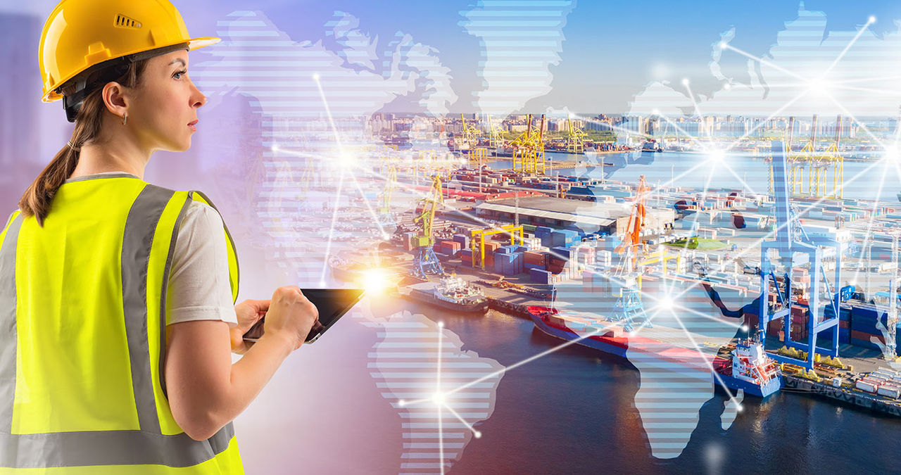International supply chains. Woman logistician in sea port. 