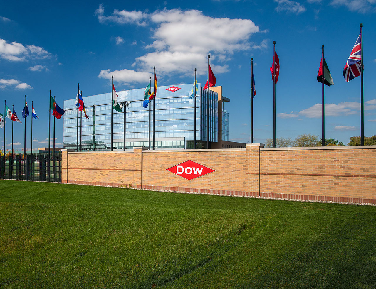 Flags in front of Dow headquarters