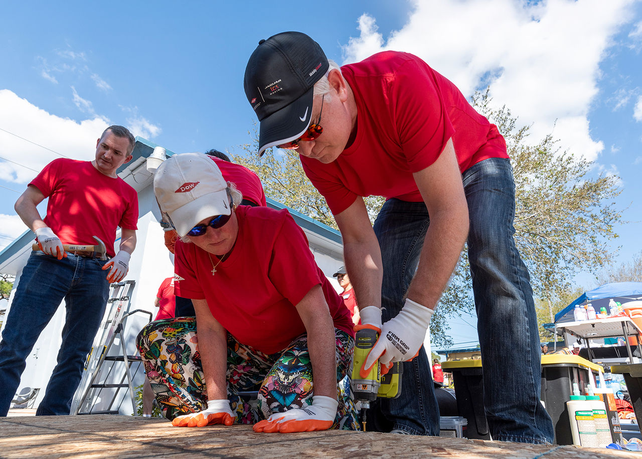 group of Dow volunteers at a construction project