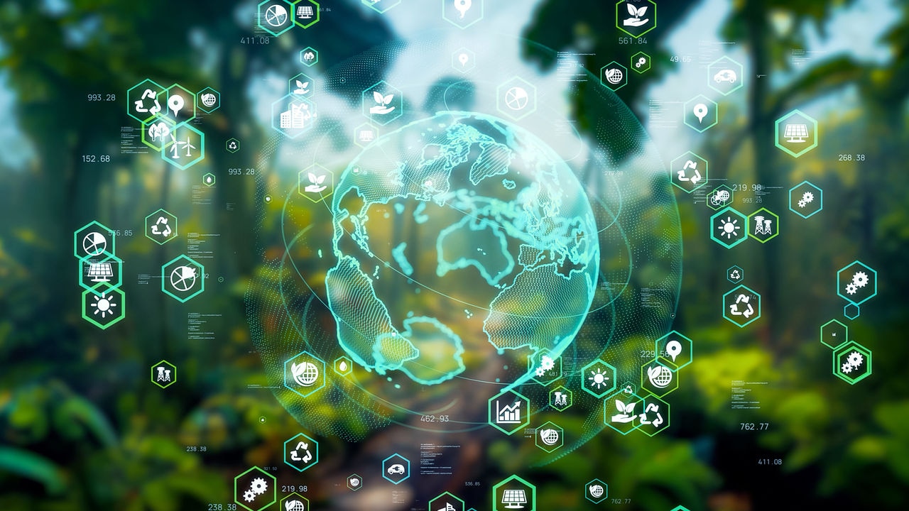 A globe and and various sustainability themed icons with a nature scene in the background