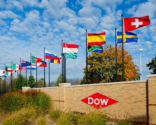International flags at Dow's headquarters