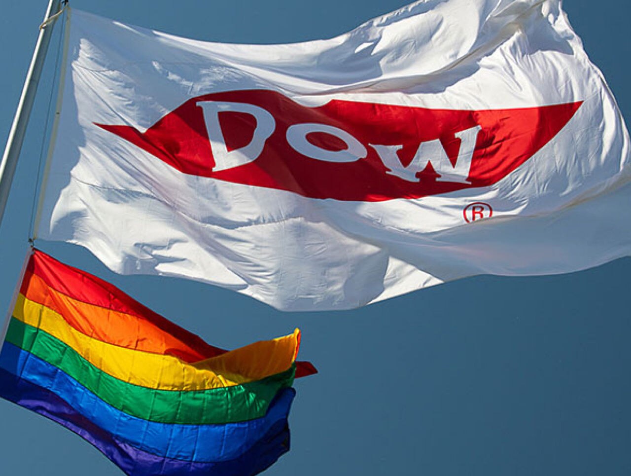 Dow flag flying alongside Pride flag