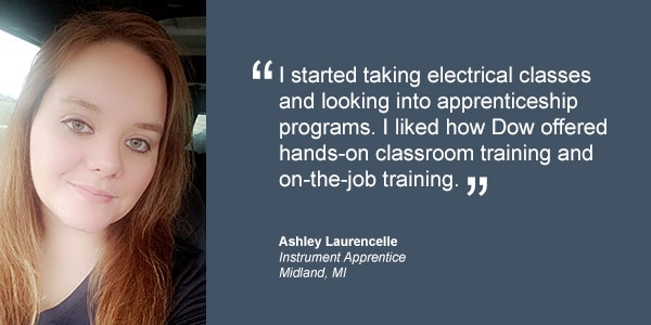 I started taking electrical classes and looking into apprenticeship programs. I liked how Dow offered hands-on classroom training and on-the-job training. Ashley Laurencelle Instrument Apprentice Midland MI