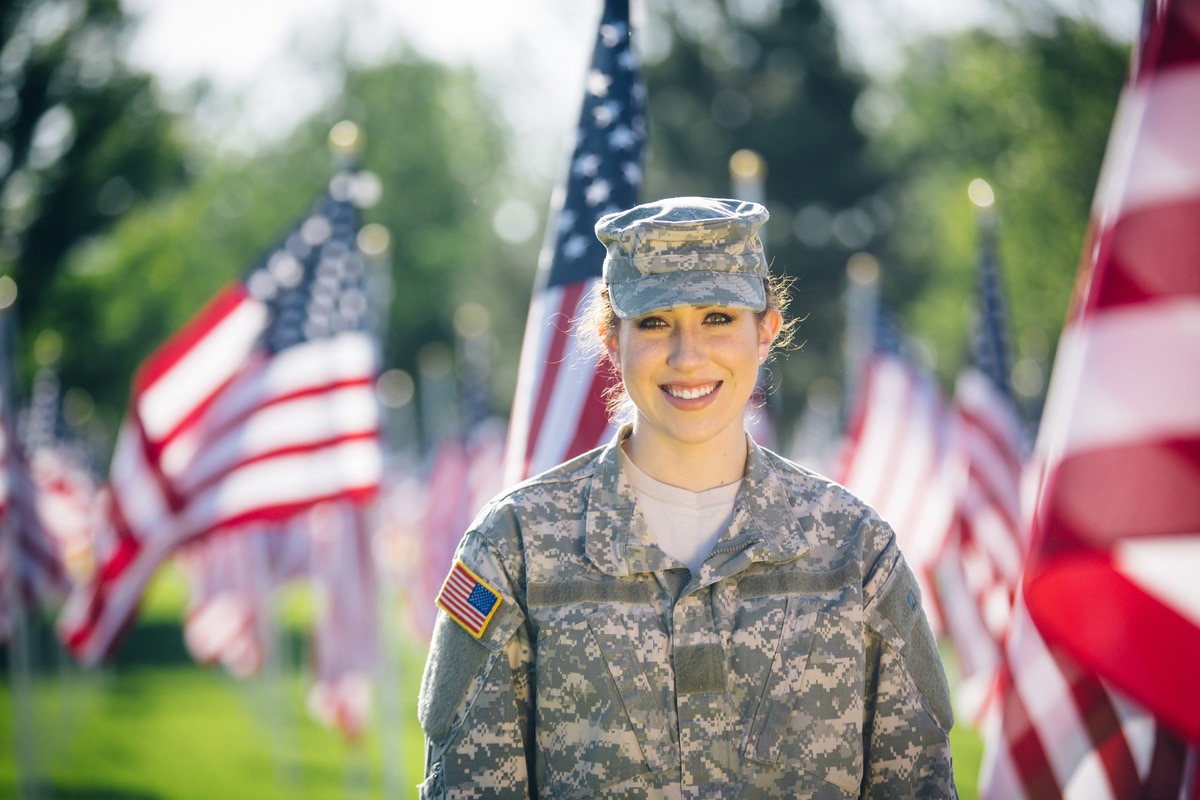 American soldier in Uniform standing in front of American flags