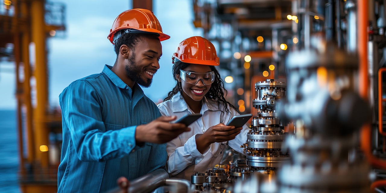 Two engineers look at a piece of equipment