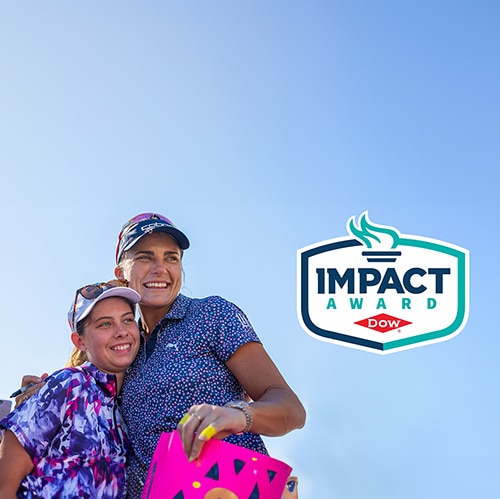 Impact award logo and two females