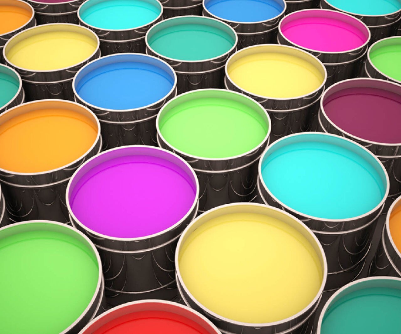 open cans of paint in multiple colors