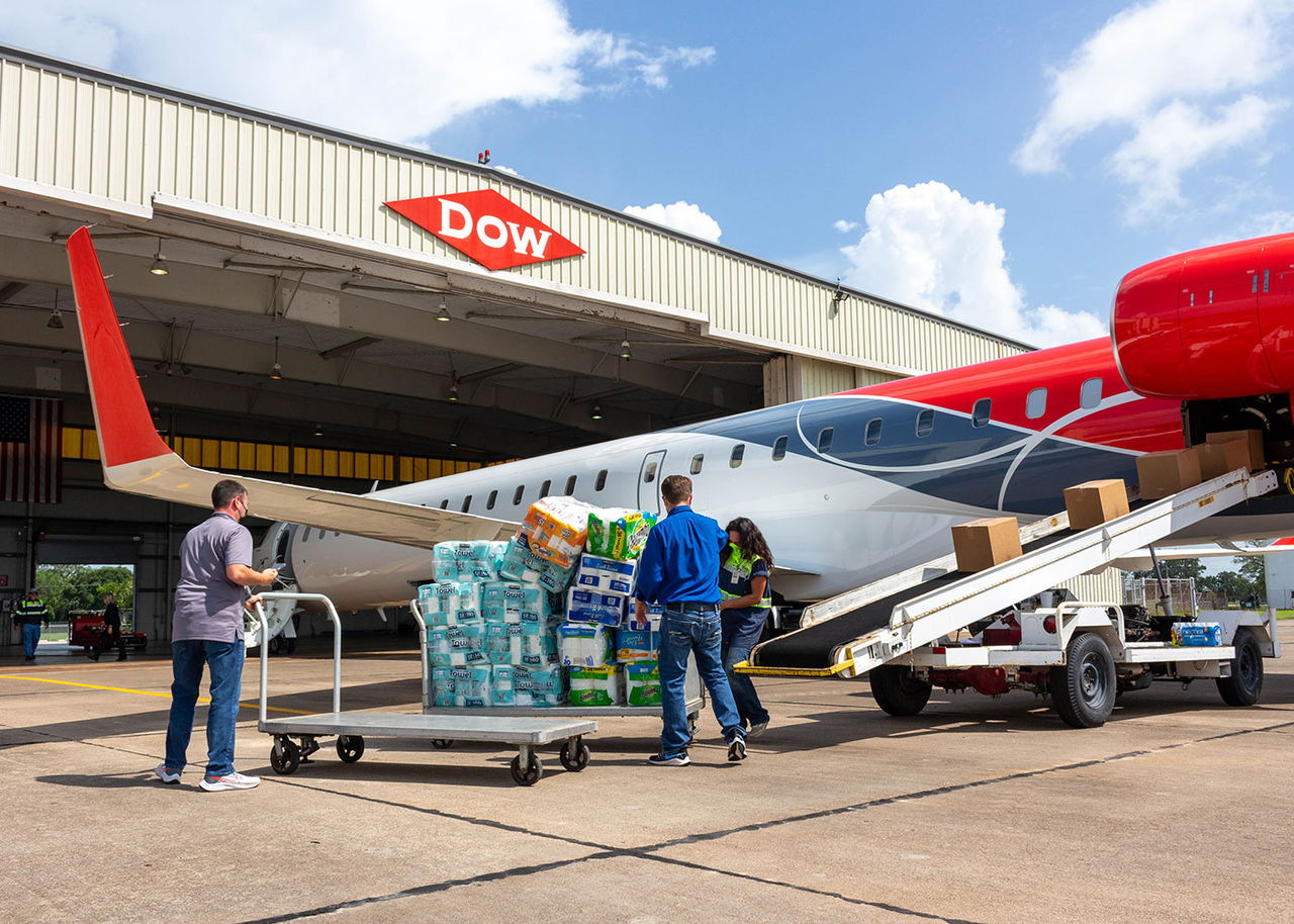 Team Dow loads relief supplies for Hurricane Ida on to a plane
