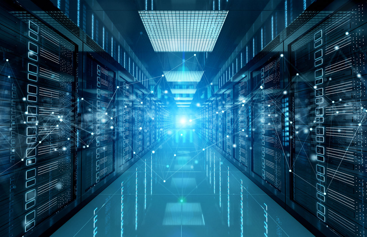 Connection network in dark servers data center room storage systems 3D rendering.
