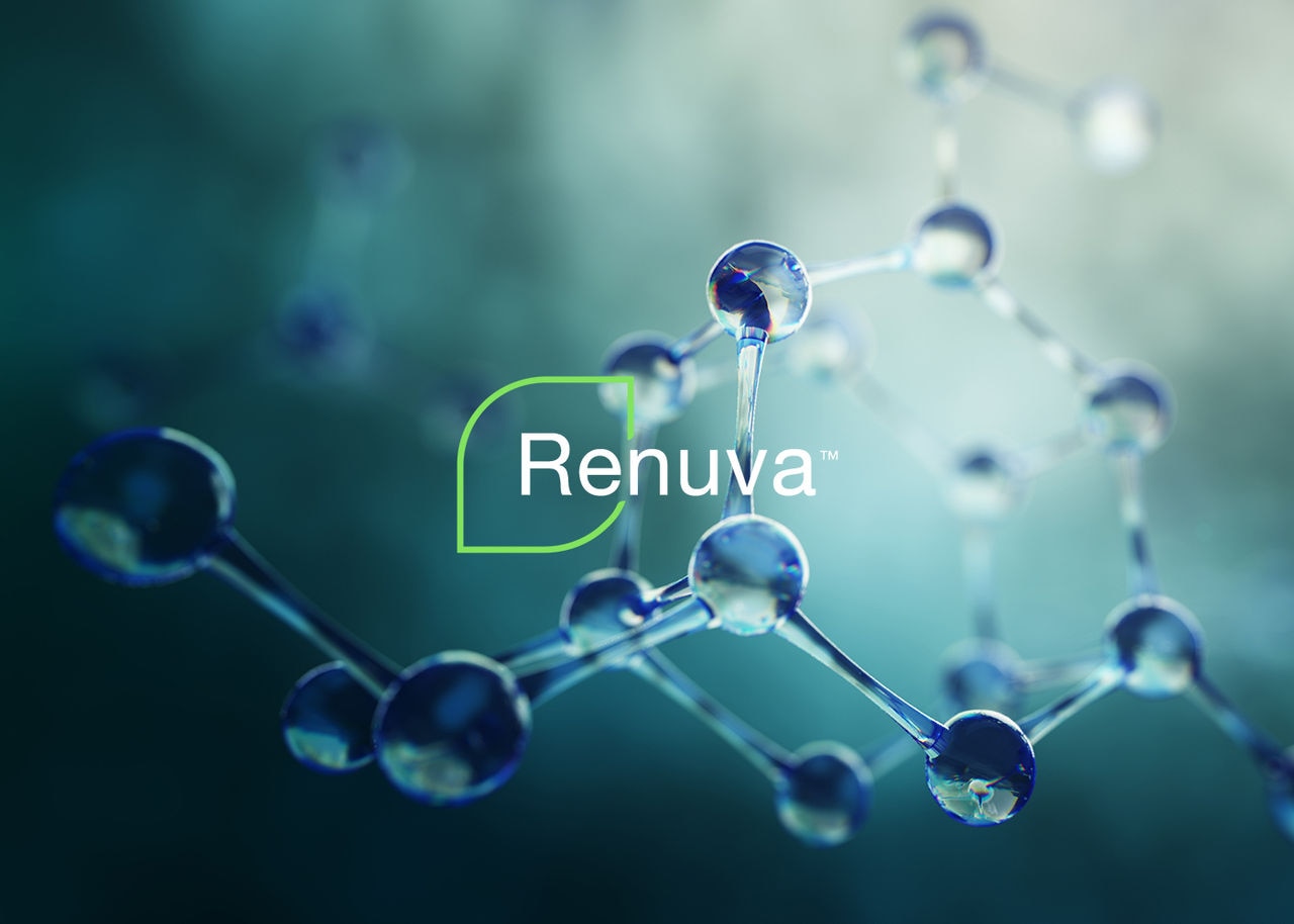 a molecular structure with the Renuva logo