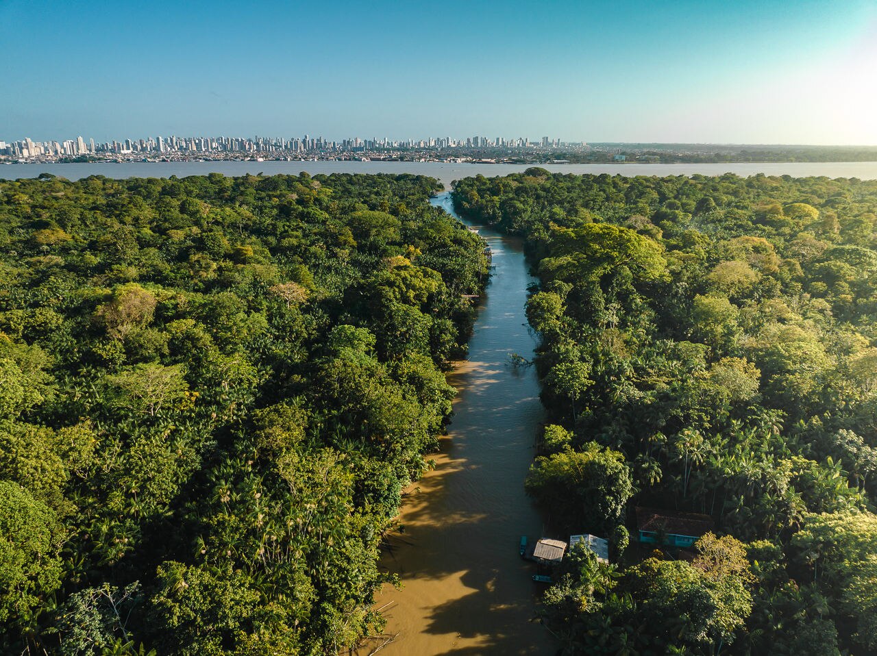 Aerial photo with drone of Combu Island overlooking the city of Belem do Para in Brazil.