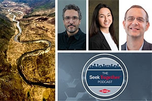 Graphic featuring Zach Green, Wendy Takeguchi, John Holm, a river winding through a valley and a Seek Together Podcast logo