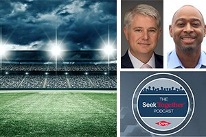Graphic featuring a sports field, Bob Plishka, Roger McLendon and a Seek Together Podcast logo