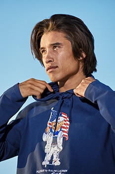 Olympic skateboarder Heimana Reynolds wears the Polo Ralph Lauren ECOFAST Pure Team USA Polo Bear Hoodie