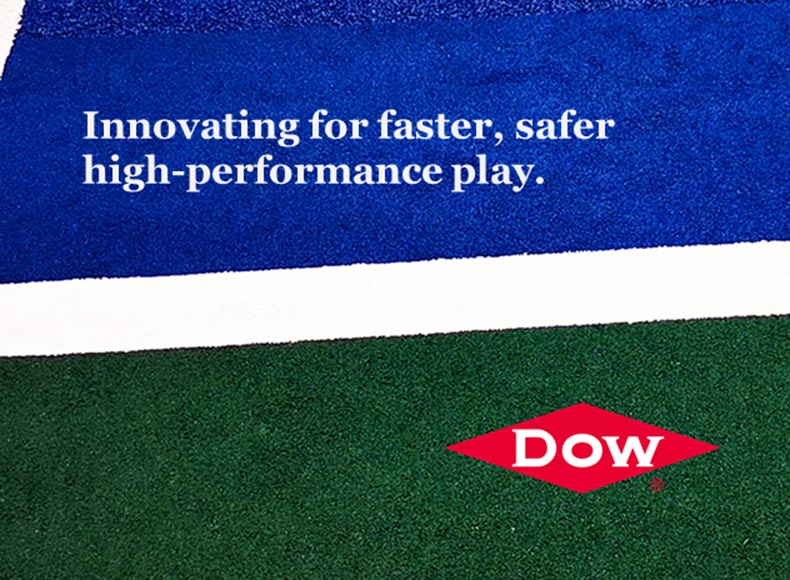 Graphic with tennis court background and text saying Innovating for faster safer high-performance play