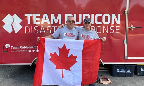 Tom Fisher and Jess MacDonald, Dow Greyshirt volunteers at the Forward Operating Base during the Kentucky Flooding Operations in August 2022.